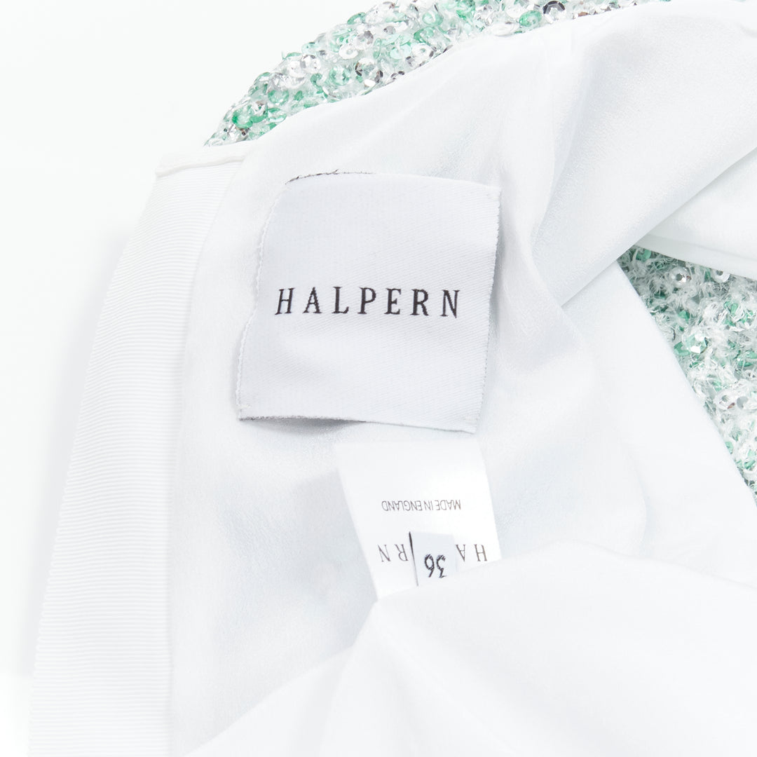 HALPERN seafoam green silver sequins deep V puff sleeves top FR36 XS