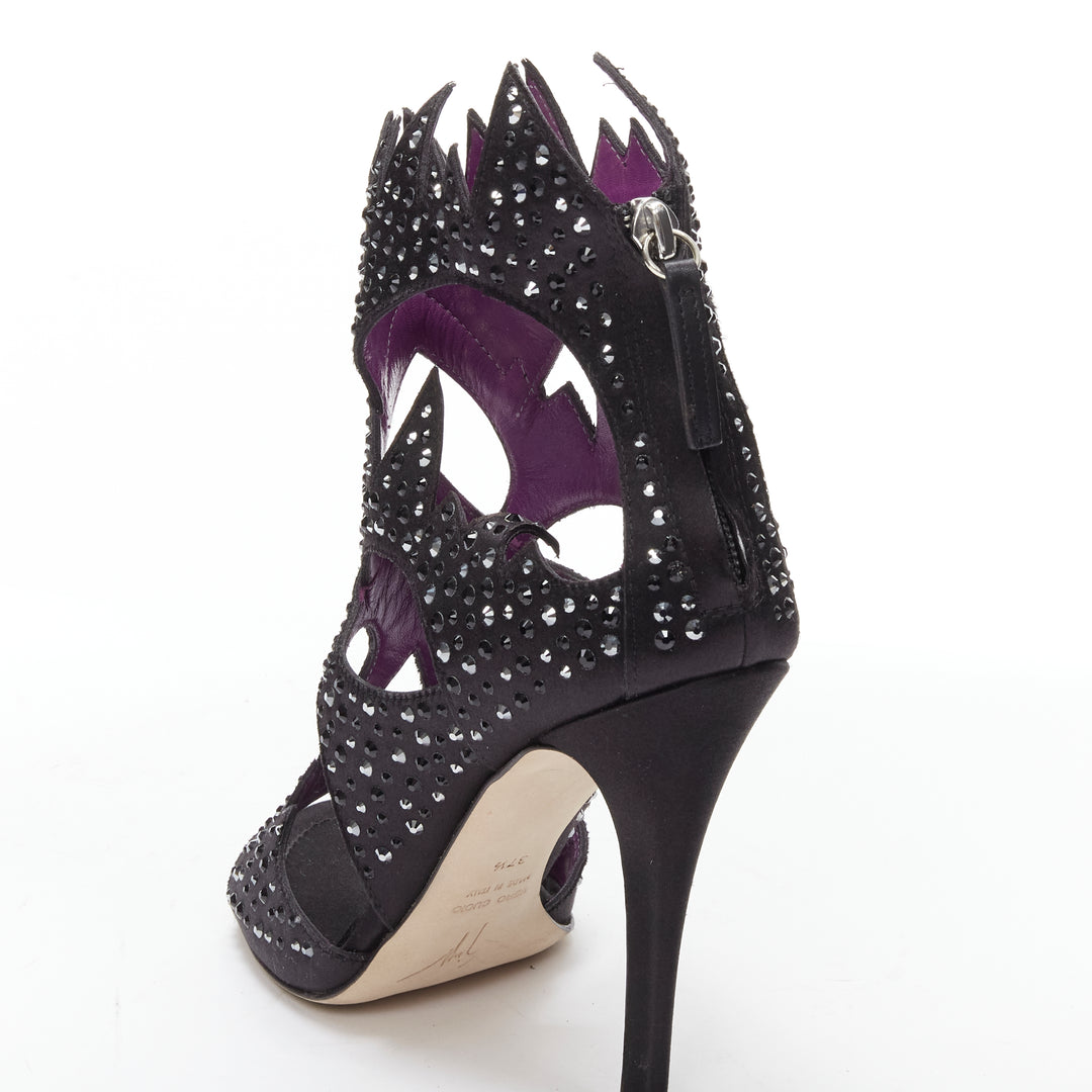 GIUSEPPE ZANOTTI black crystal satin leather lined cutout sandals heels EU37.5