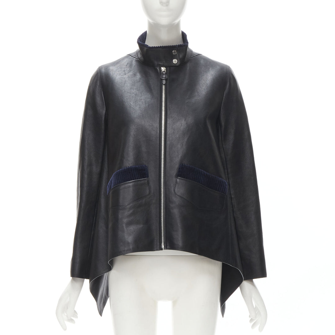 HERMES black calfskin leather navy corduroy trim cape flared leather jacket FR36