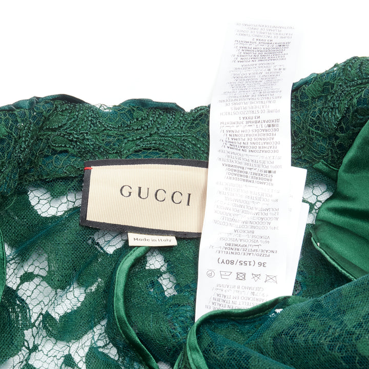 GUCCI Aria green feather cuff embellished lace sheer blazer jacket IT36 XXS