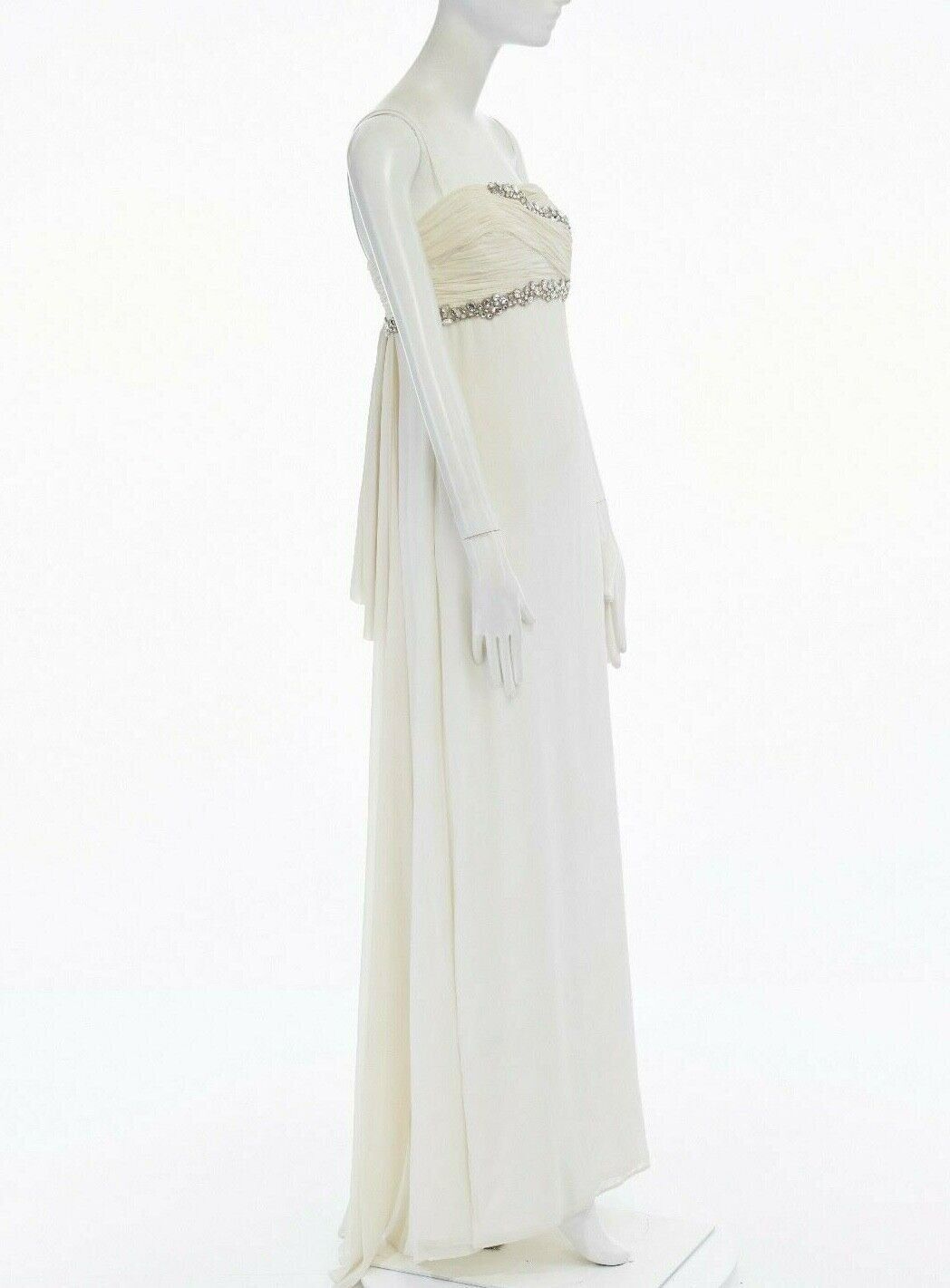 MARCHESA NOTTE cream crystal jewel embellished pleated bust evening gown dress M