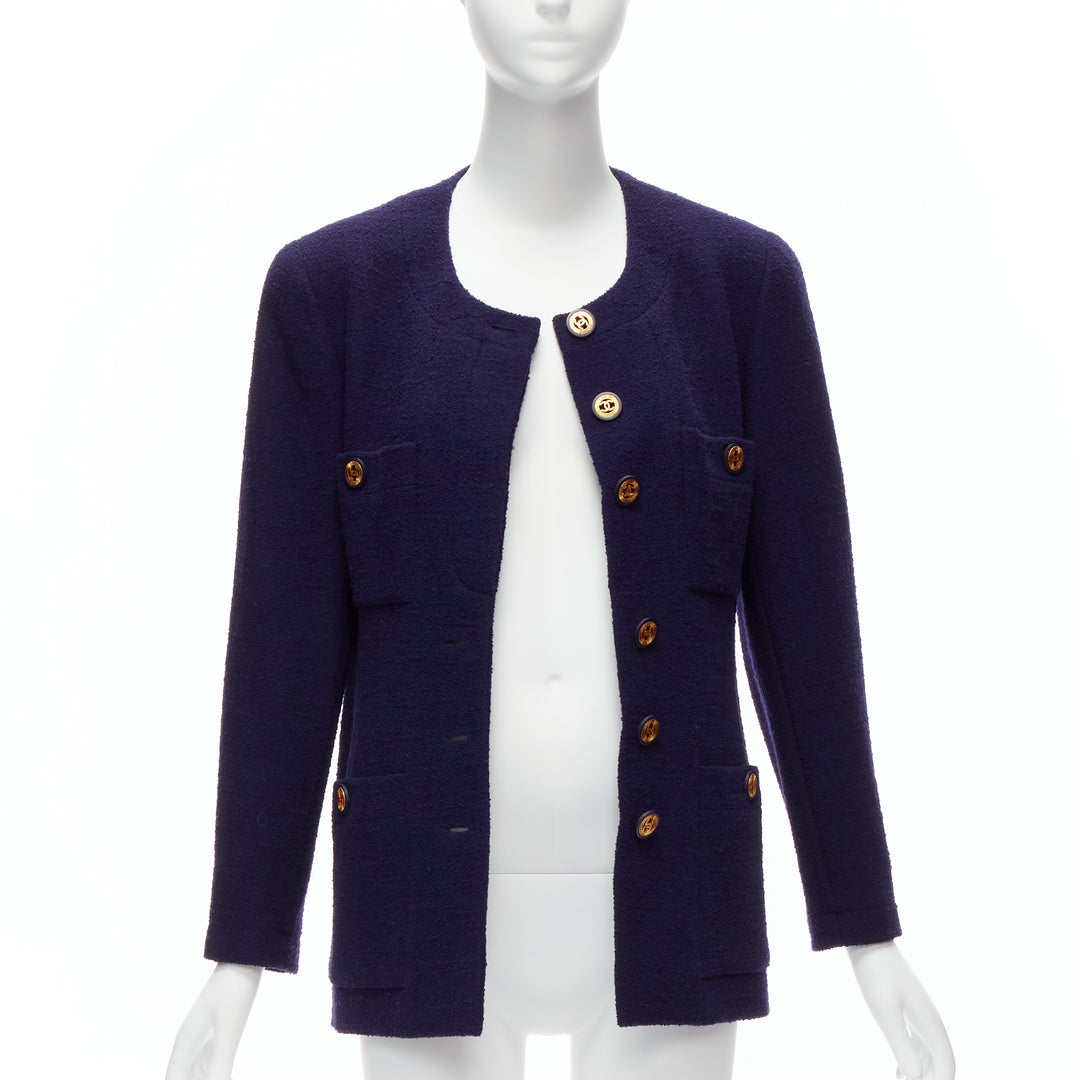 CHANEL Vintage navy blue tweed gold CC buttons 4 pocket jacket