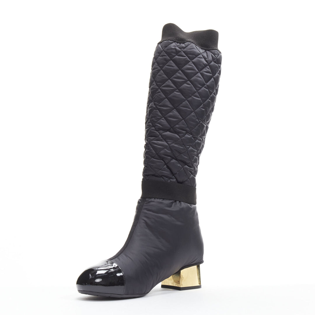 CHANEL 2021 black gold CC logo padded nylon block heeled high boots EU38.5