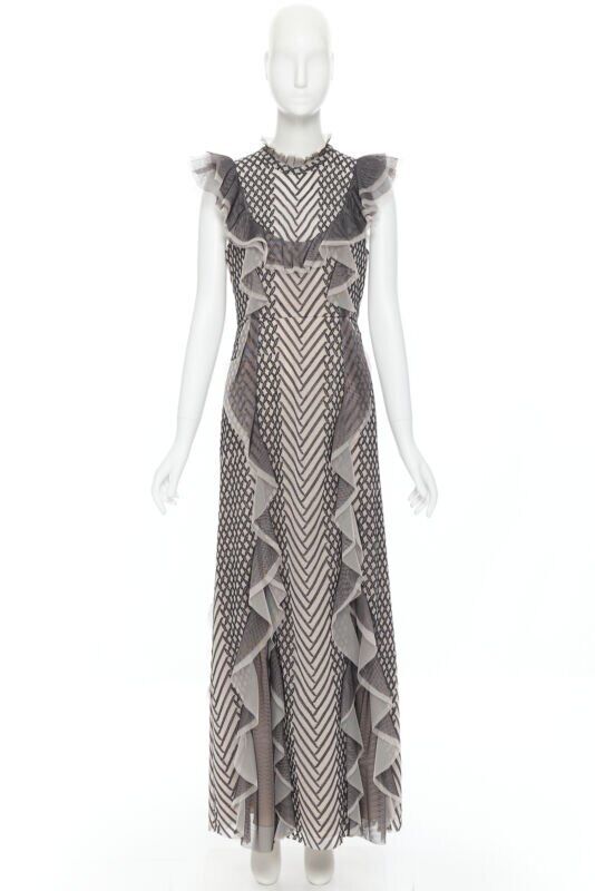 BCBG MAX AZRIA black beige embroidered rufflle tulle flutter gown dress US6 M