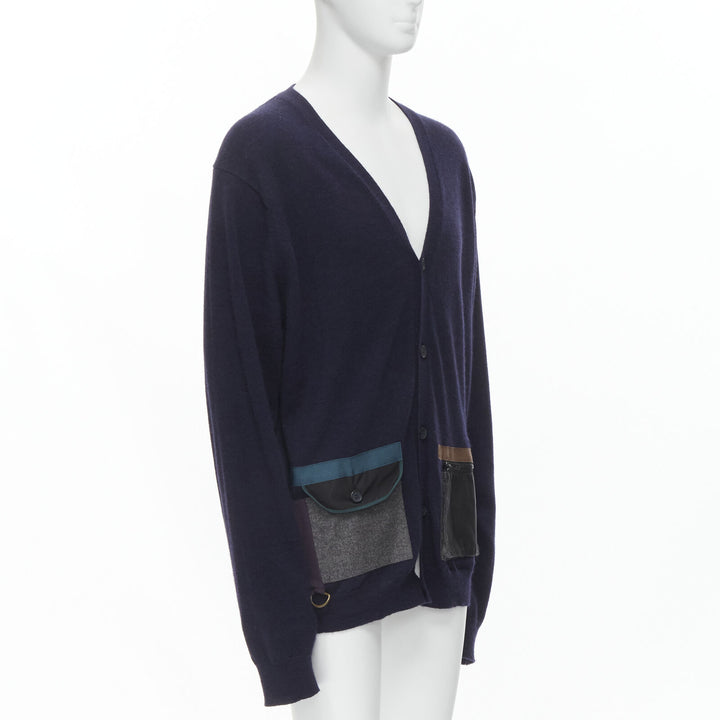 KOLOR Japan navy blue  wool knit mixed technical pockets cardigan JP5 XXL