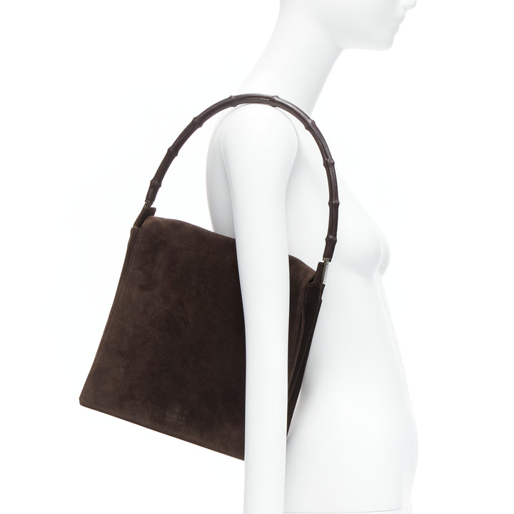 GUCCI Vintage brown bamboo handle suede leather flap shoulder bag