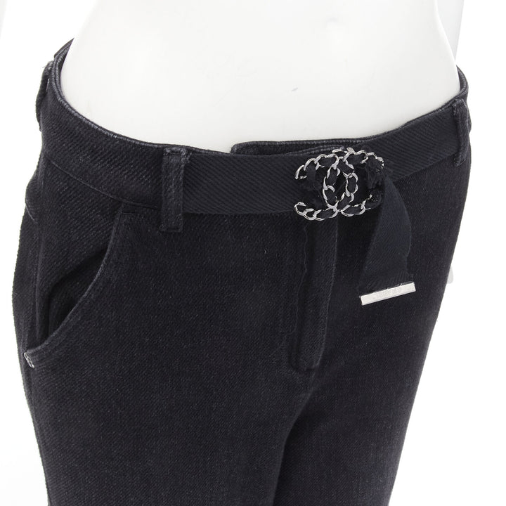 CHANEL 100% cotton black CC chain buckle belt wide leg bell bottom pants FR38 M