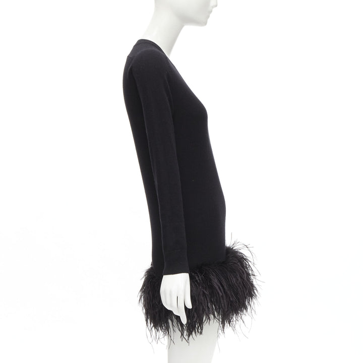 SAINT LAURENT 100% cashmere black ostrich feather trim mini sweater dress XS