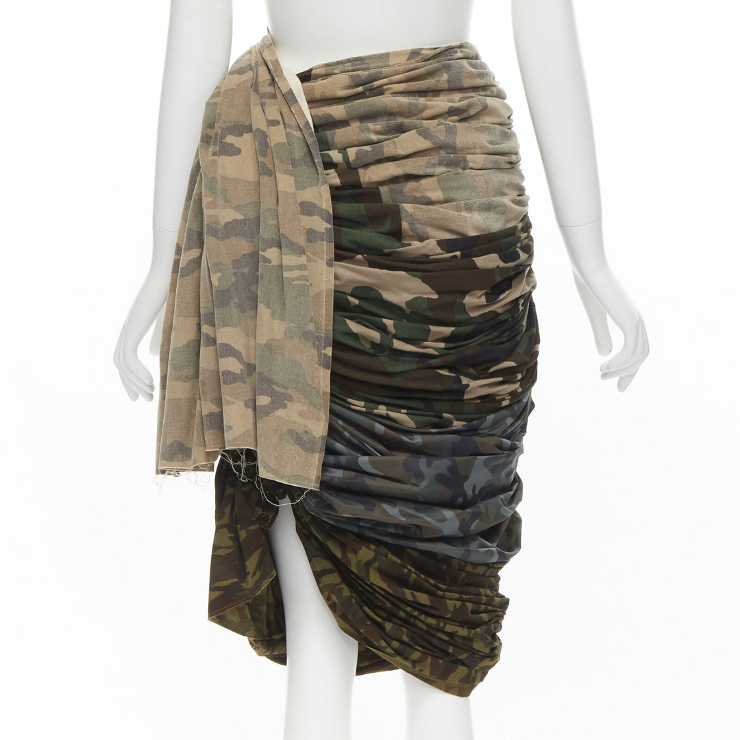 COMME DES GARCONS 2005 Runway mixed cotton nylon blue green camo ruched skirt XS