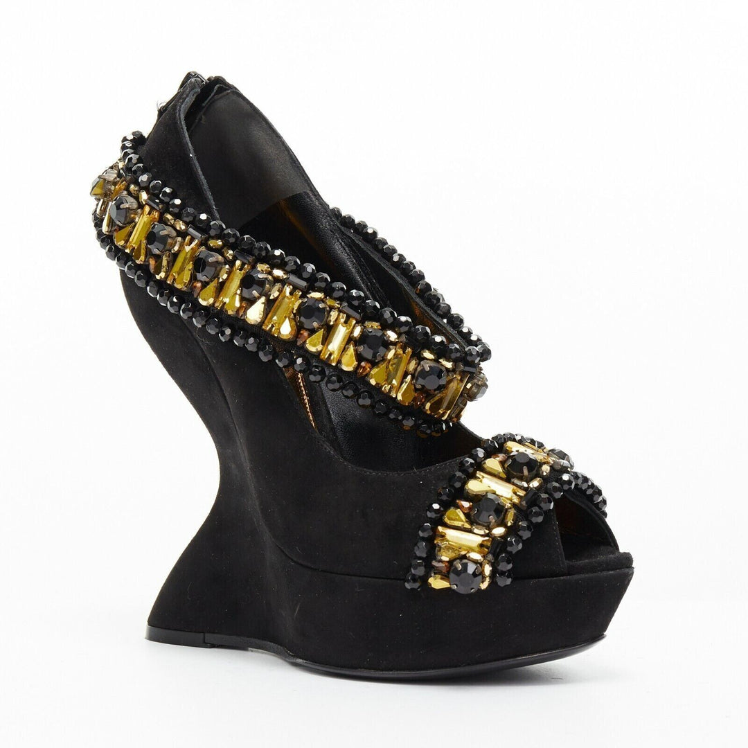 ALEXANDER MCQUEEN black suede gold jewel strap peep toe curved heel wedge EU37.5
