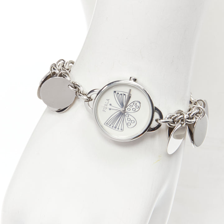 FURLA scribble butterfly logo silver disc chain watch bracelet