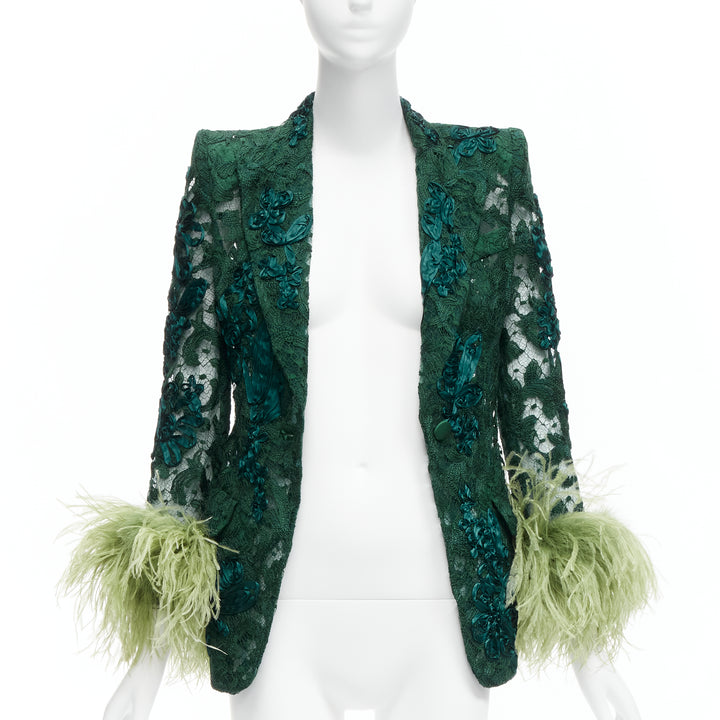 GUCCI Aria green feather cuff embellished lace sheer blazer jacket IT36 XXS