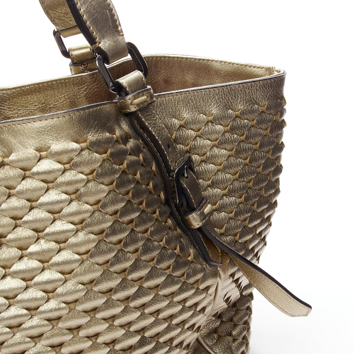 BURBERRY LONDON gold woven textured leather belted large top handle tote bag