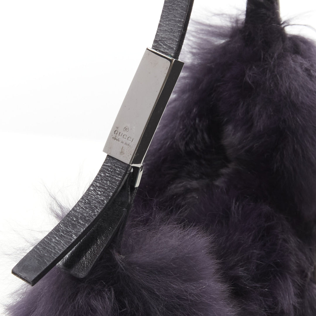 GUCCI TOM FORD dark purple fur silver buckle leather strap top handle bag