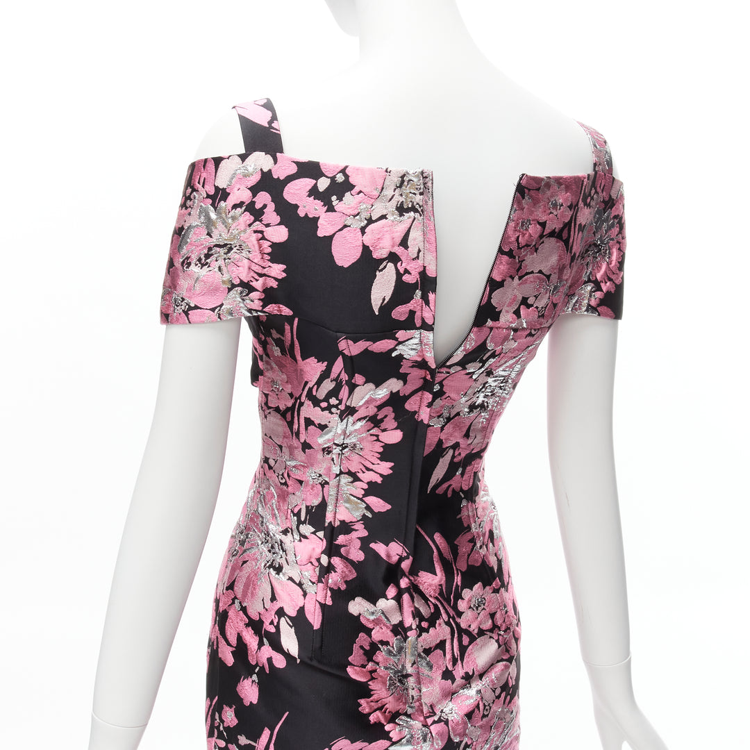 DOLCE GABBANA black pink floral jacquard off shoulder corsetted dress IT36 XXS