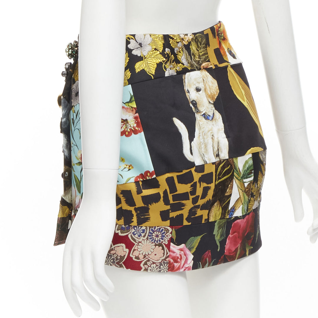 DOLCE GABBANA black colorful dog patchwork jewel embellished mini skirt IT36 XS