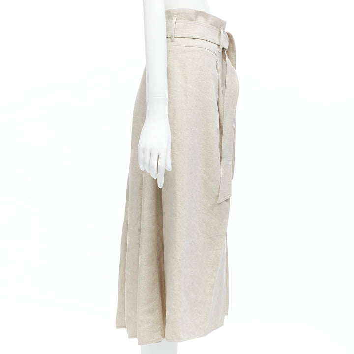 BRUNELLO CUCINELLI beige cotton linen tie belt A-line midi skirt IT40 S