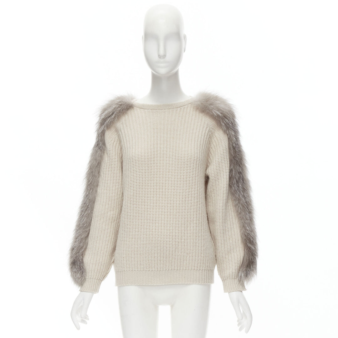 BRUNELLO CUCINELLI beige 100% cashmere grey fox fur sleeve waffle knit sweater M