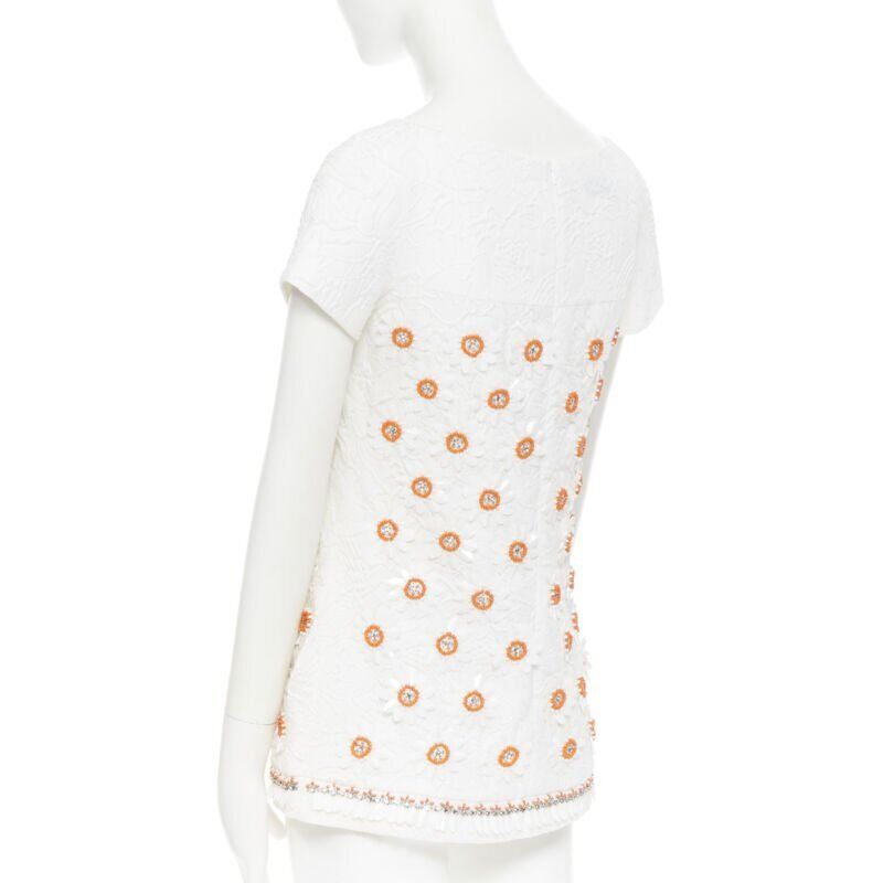 MOSCHINO white cloque cotton orange bead crystal floral embellished top IT38