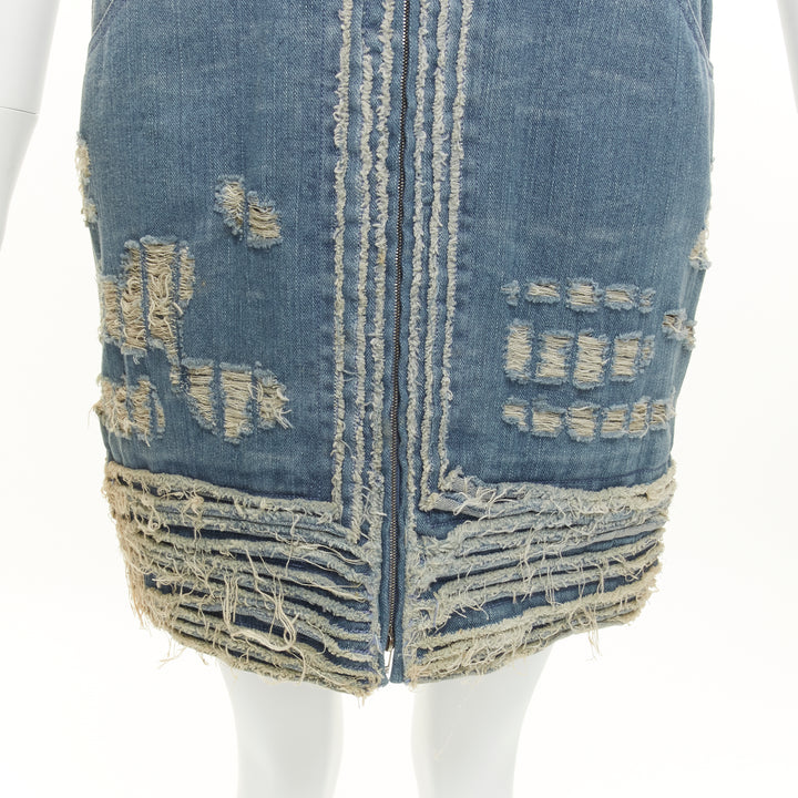CHANEL 08A Carousel Runway blue distressed denim pocketed zip front dress FR36 S