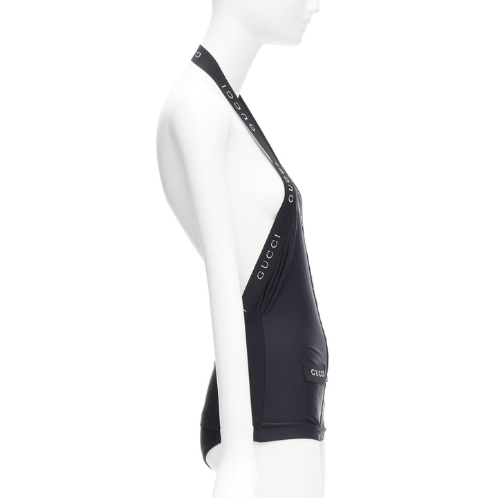 GUCCI Tom Ford Vintage black logo trim halter layered one piece swimwear XS