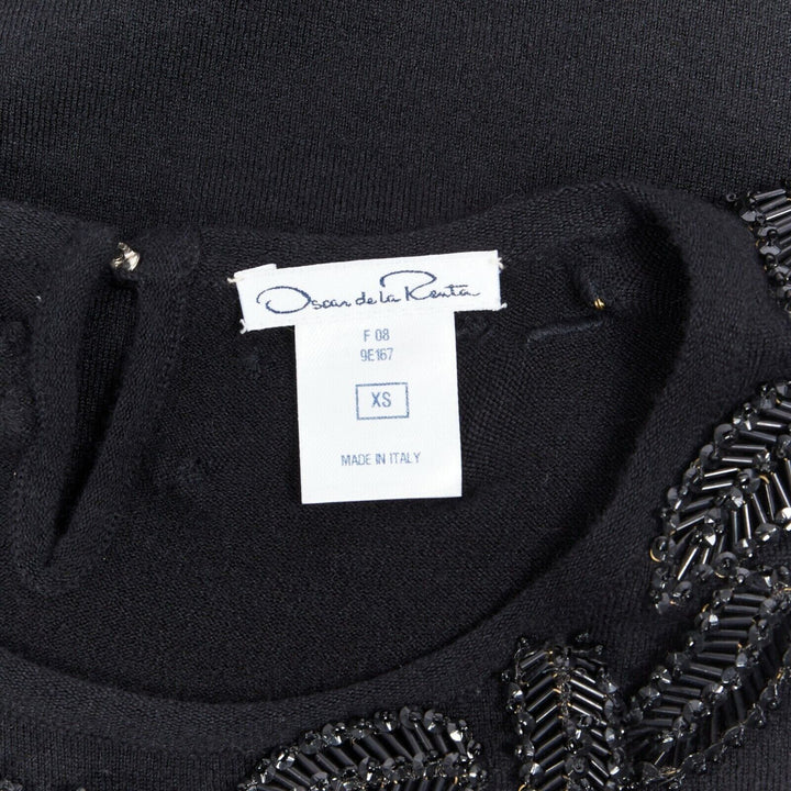 OSCAR DE LA RENTA black cashmere sequin bead leaf embroider applique vest top XS