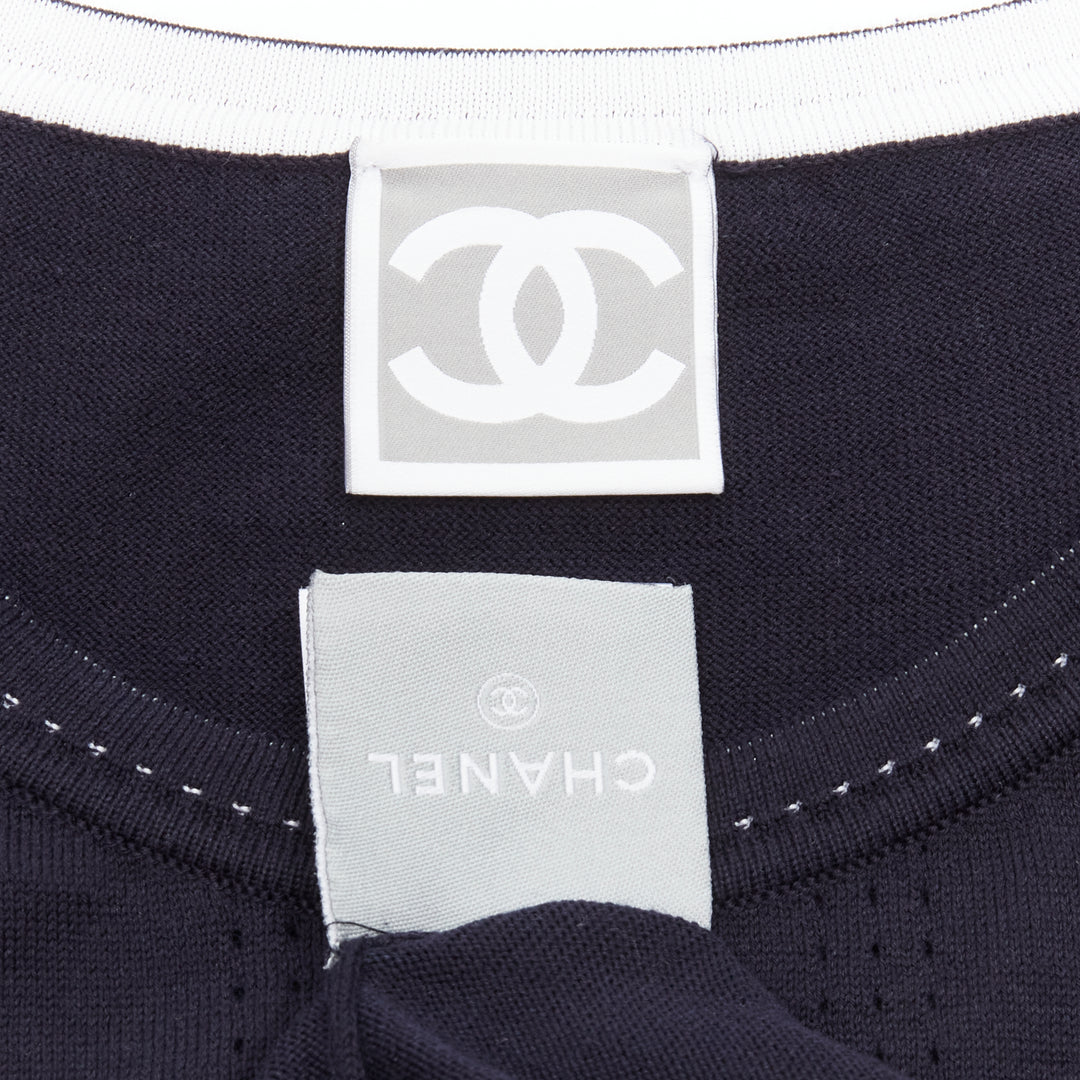 CHANEL SPORTS 07C Vintage navy CC logo perforated short sleeve top FR36 S