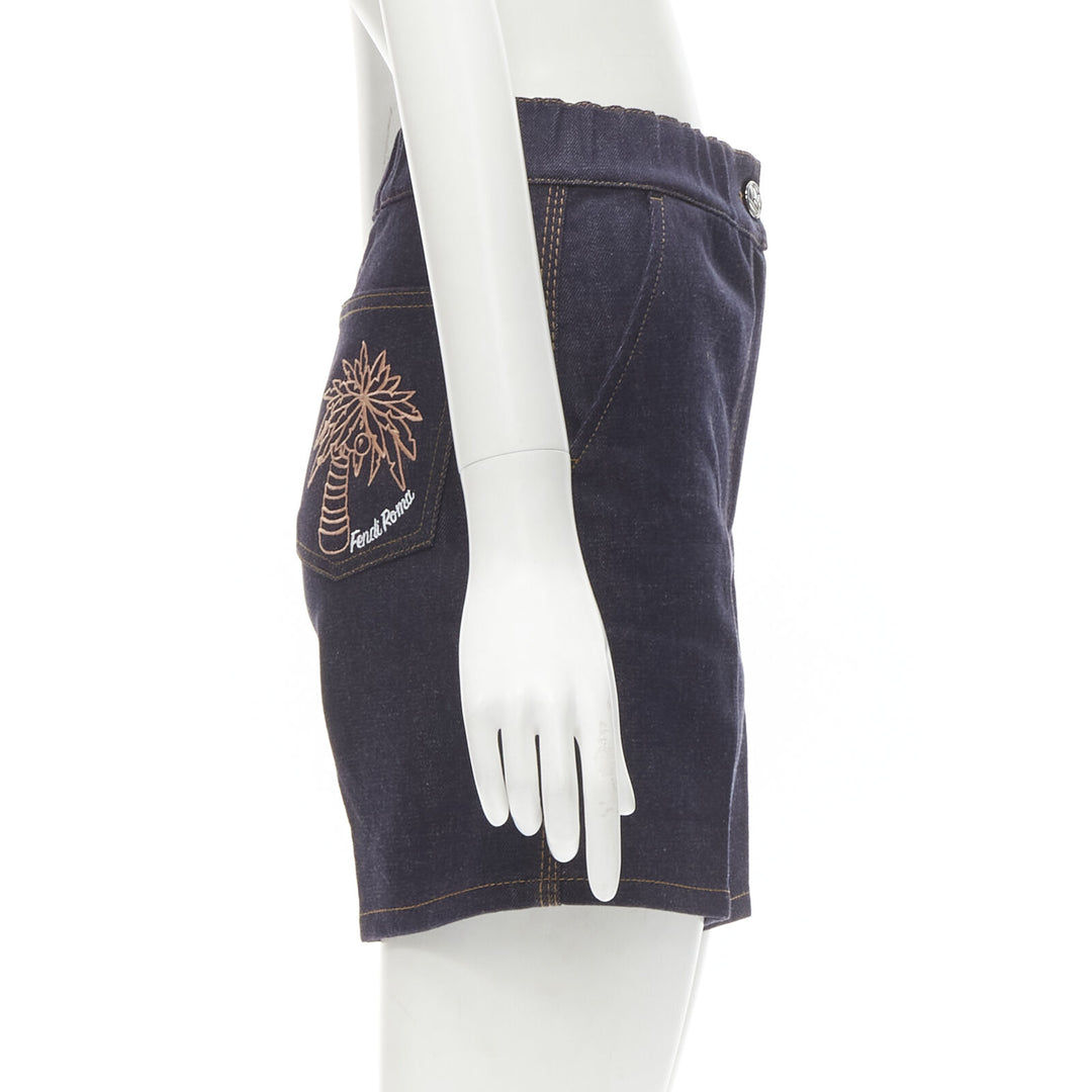 FENDI ROMA palm tree embroidered pocket dark blue denim shorts S