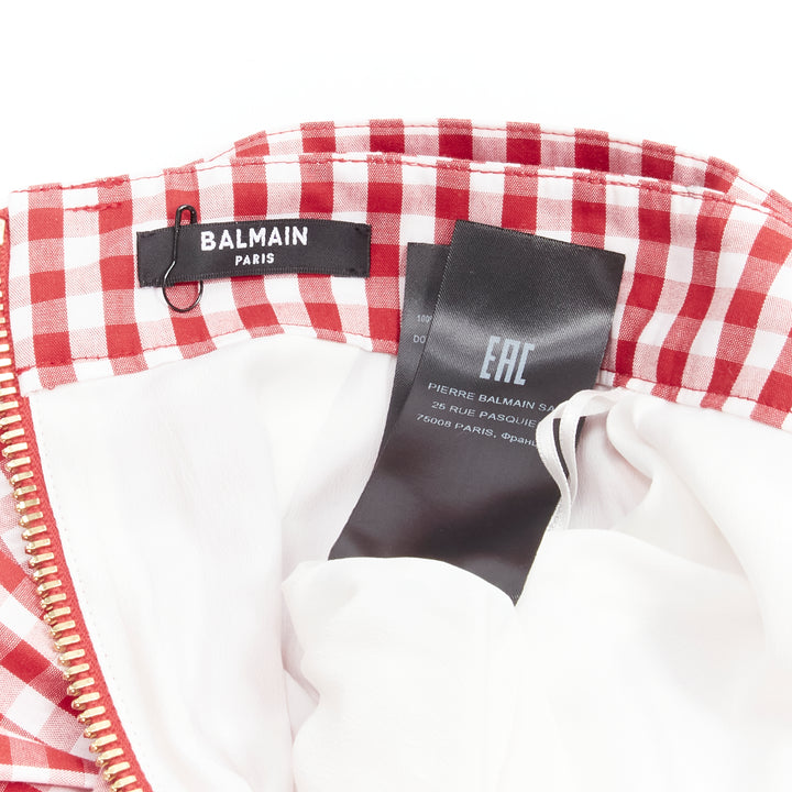 BALMAIN B logo buckle red white gingham ruffled cottage skirt FR34 XS