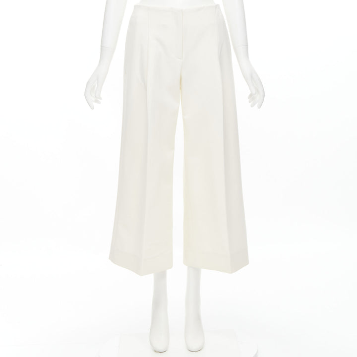 OSCAR DE LA RENTA 2015 virgin wool crepe cream pleated wide pants US2 XS