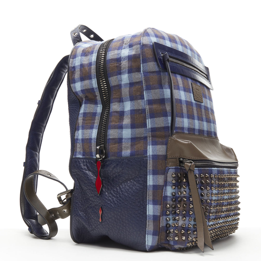 CHRISTIAN LOUBOUTIN Backloubi blue brown gingham check spike stud backpack bag