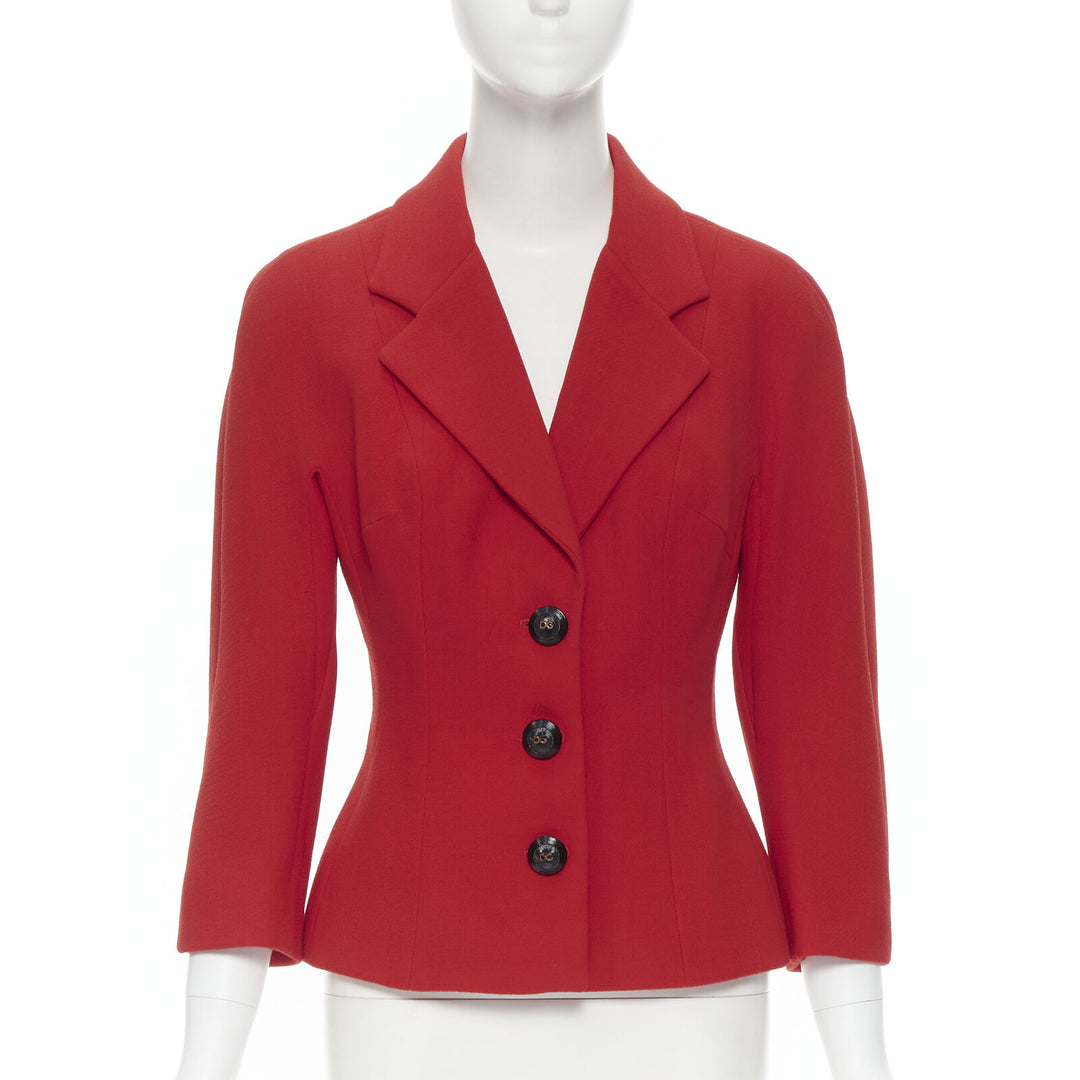 DOLCE GABBANA red wool crepe logo button fitted blazer skirt set IT42 M
