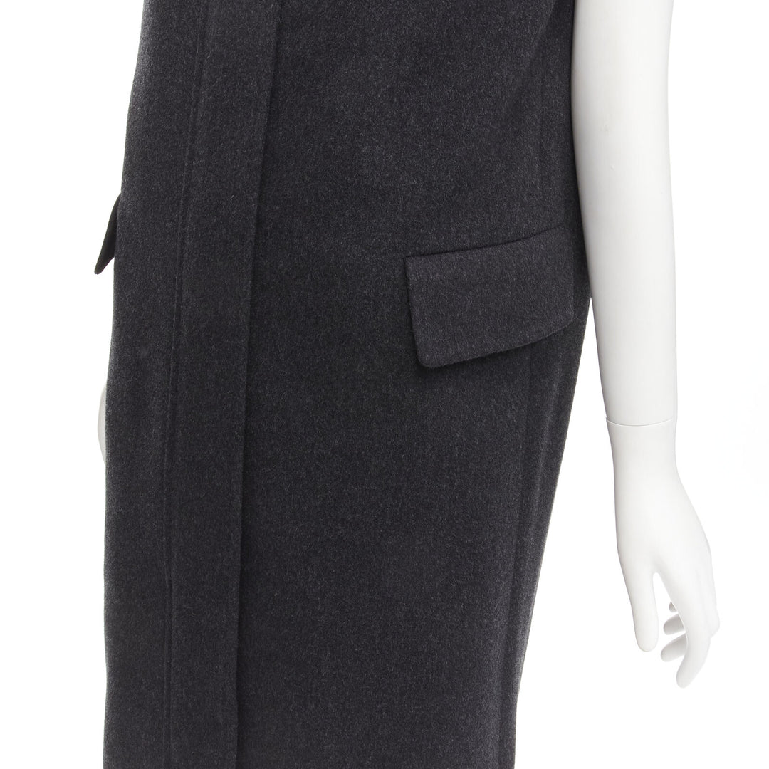 JOSEPH wool black minimal oversized fur collar flap pockets boxy vest FR38 S