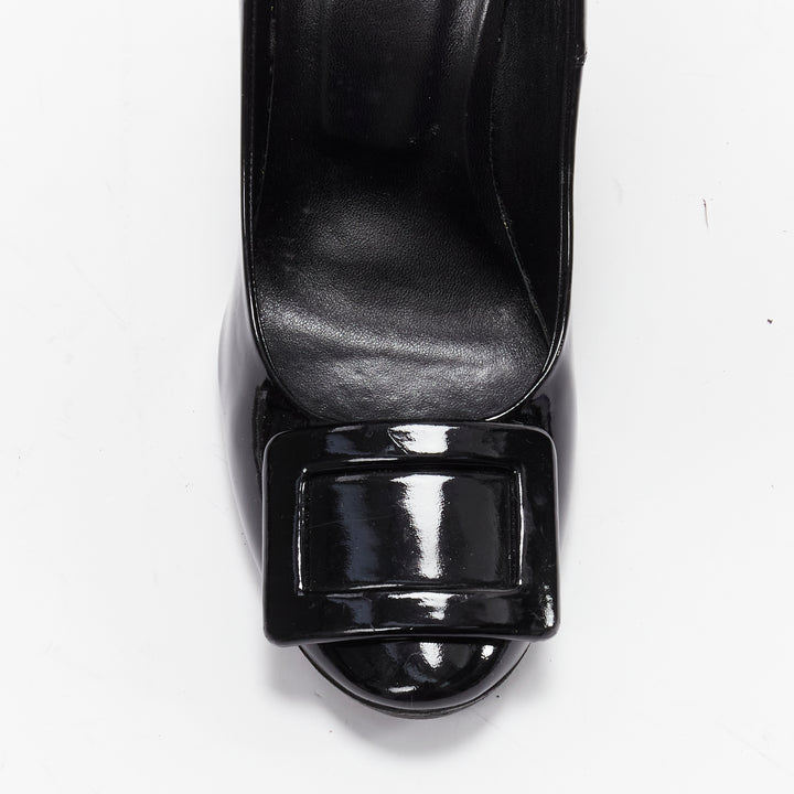 ROGER VIVIER Trompette black patent leather buckle curved heel pumps EU38