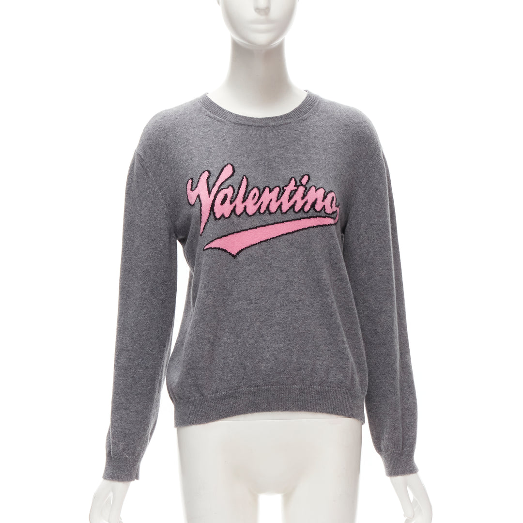 VALENTINO grey virgin wool cashmere pink cursive graphic logo sweater top M