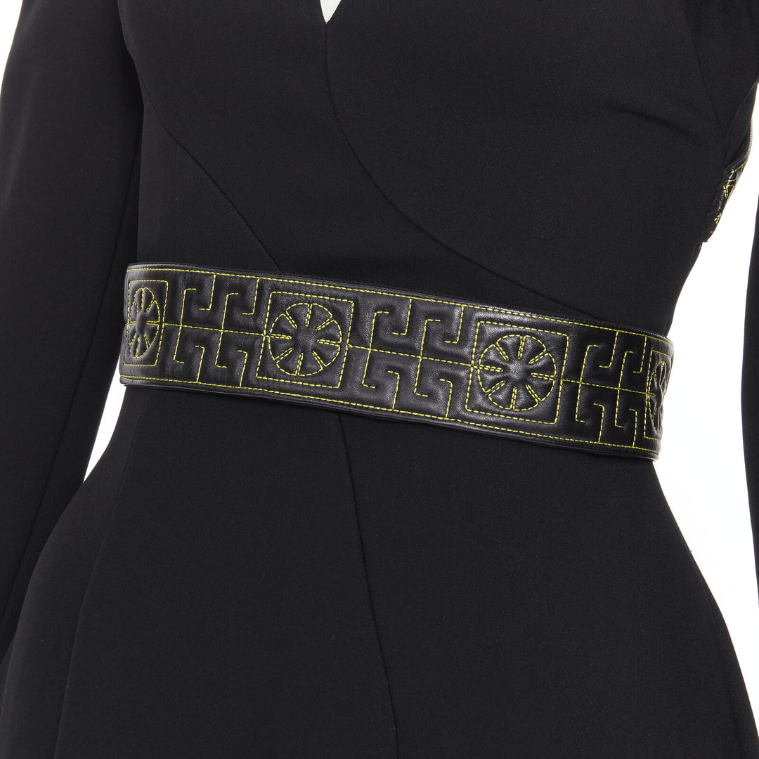 runway VERSACE black Greca stitch leather harness strap fit flare dress IT38
