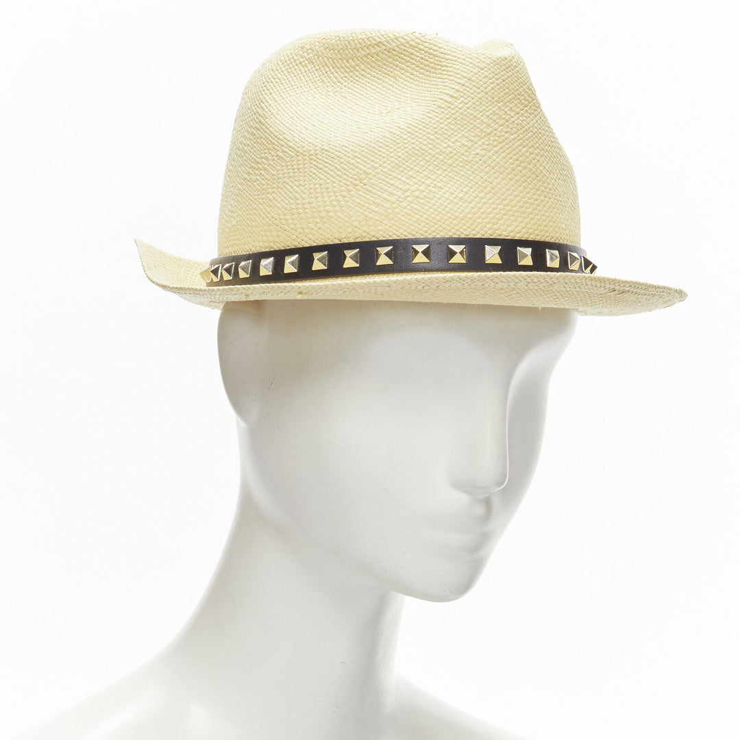 VALENTINO Rockstud beige raffia black calfskin leather studded straw hat