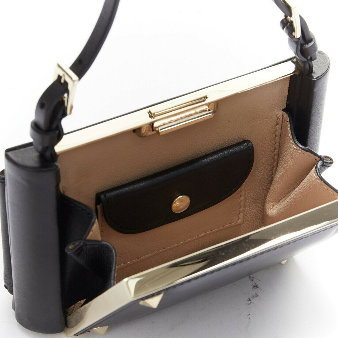 VALENTINO black leather gold rockstud metal frame miniaudiere clasp clutch bag
