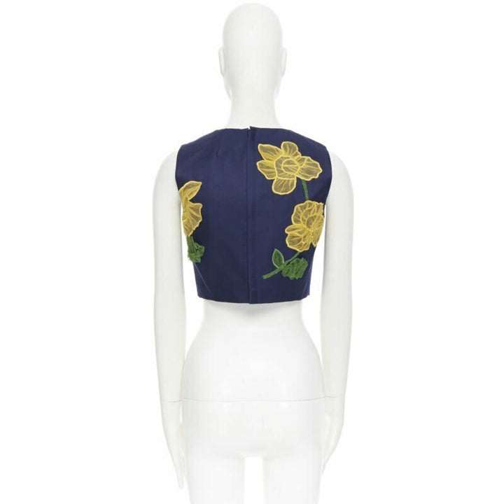 MICHAEL KORS COLLECTION wool silk navy yellow floral sleeveless cropped top US2