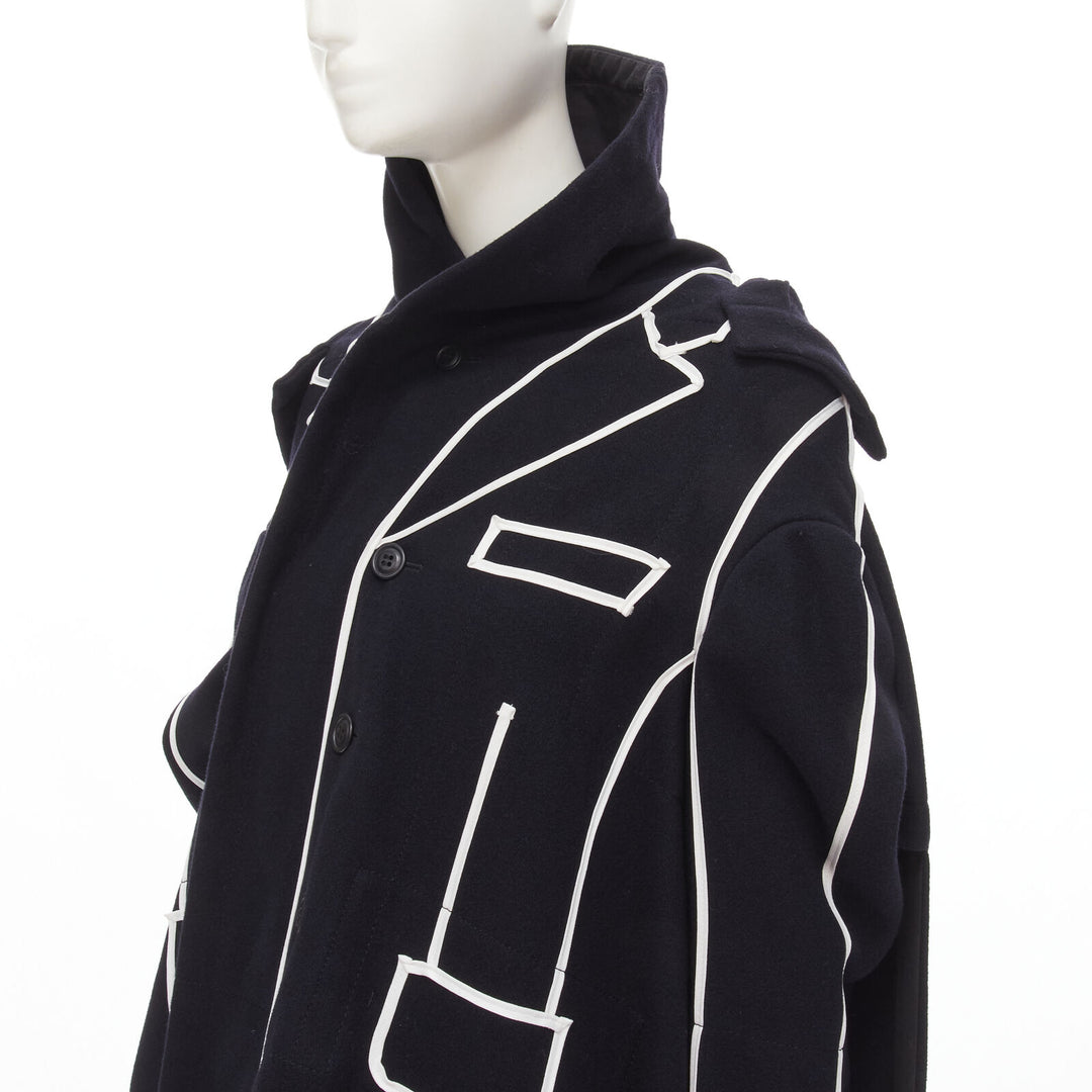 rare COMME DES GARCONS 2009 Runway black white tromp loeil piping trench coat XS