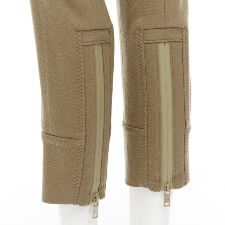 PRADA camel tan wool buckle belt tapered cropped pants XS