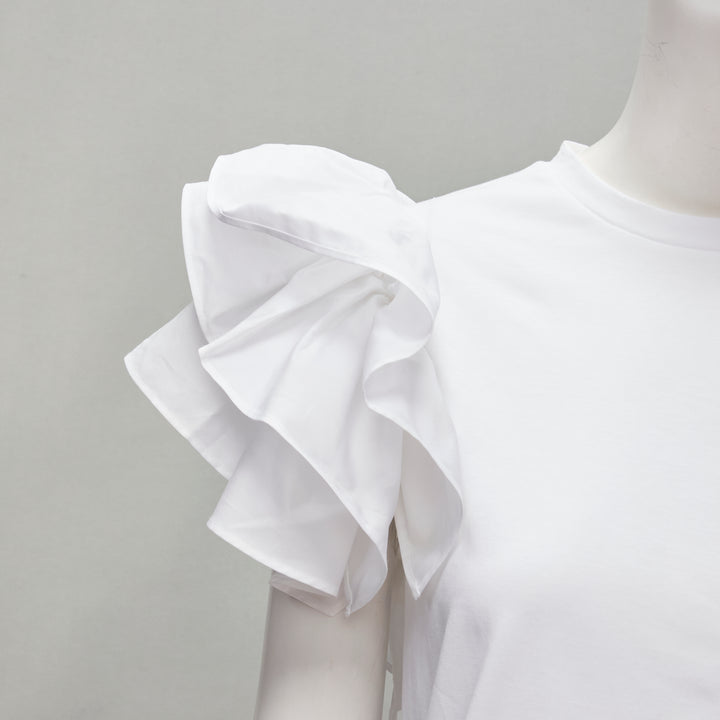 ALEXANDER MCQUEEN white cotton ruffle sleeve crew neck t-shirt IT38 XS