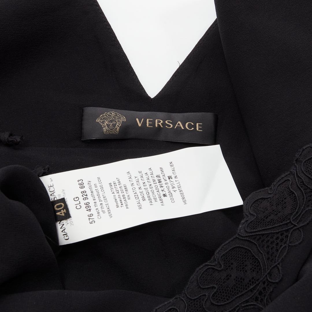 VERSACE 2015 black silk lace V-neck chainmail trim pleated mini dress IT40 S