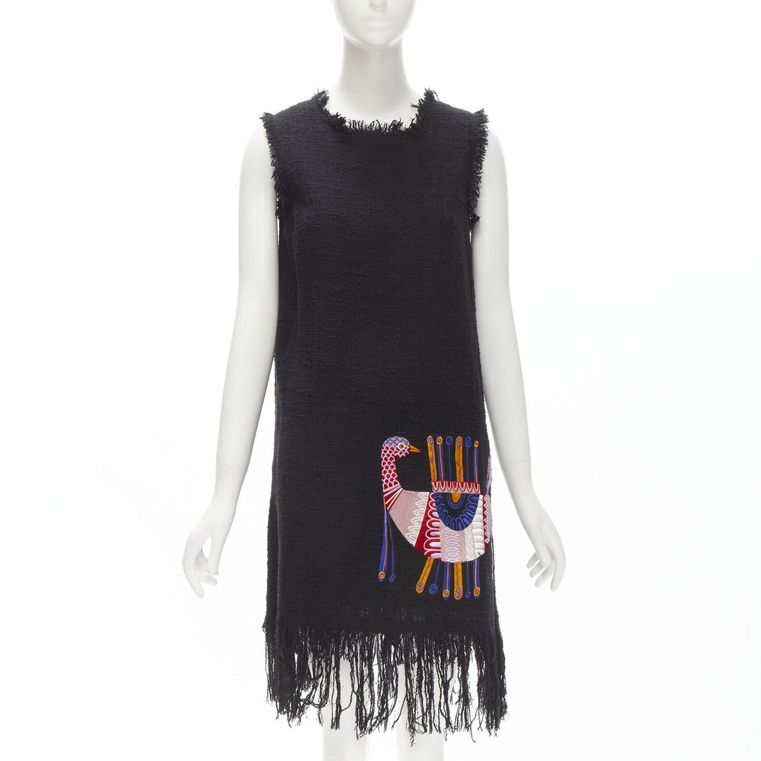 MSGM tweed ethnic bird embroidery fringe hem little black dress IT40 S
