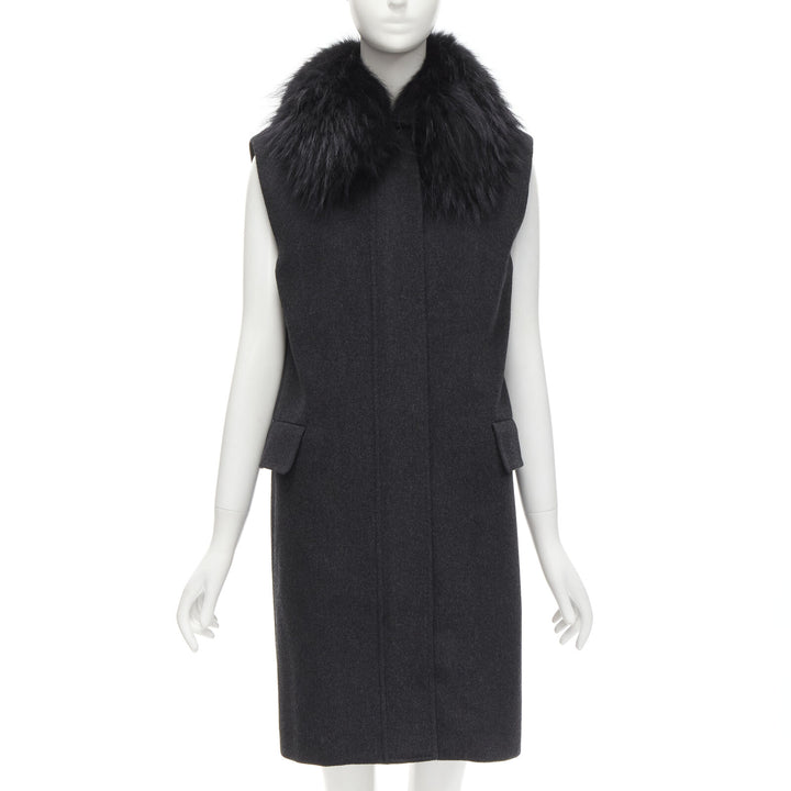 JOSEPH wool black minimal oversized fur collar flap pockets boxy vest FR38 S