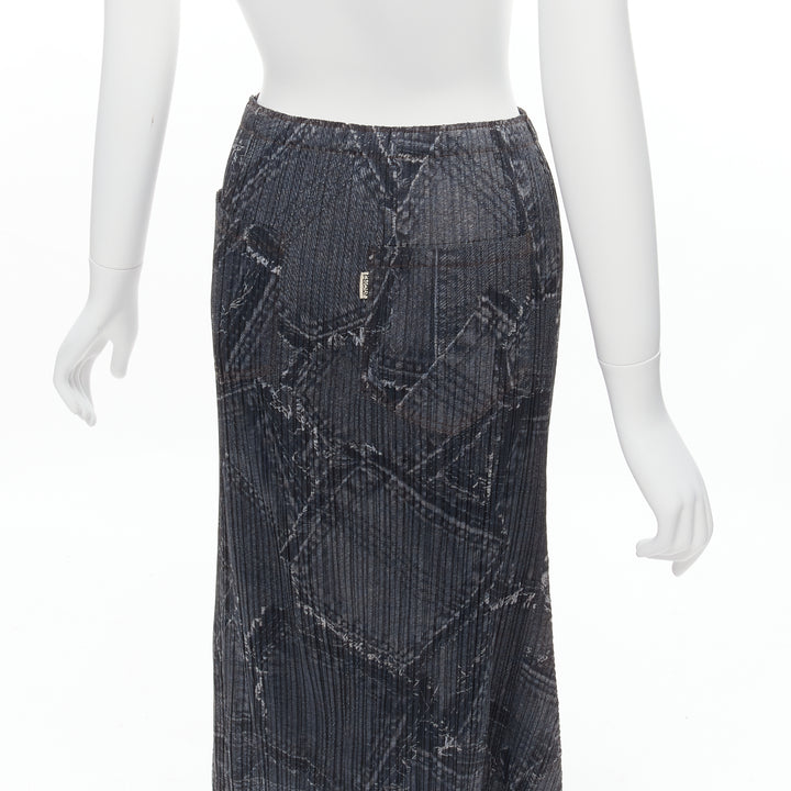 ISSEY MIYAKE PLEATS PLEASE dark blue denim patchwork print pleated skirt JP2 M