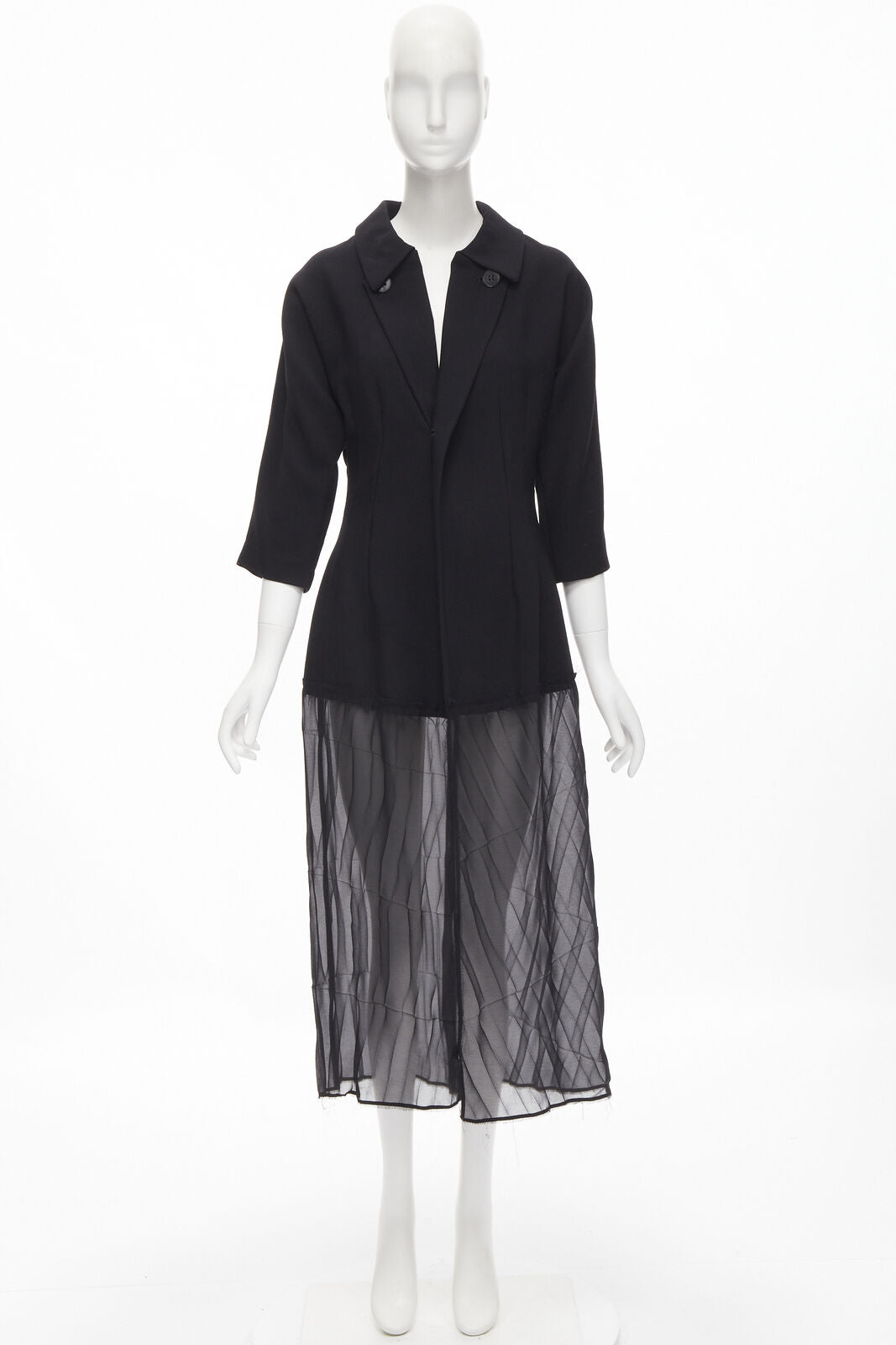 vintage COMME DES GARCONS 1992 black wool crinkled sheer hem coat S