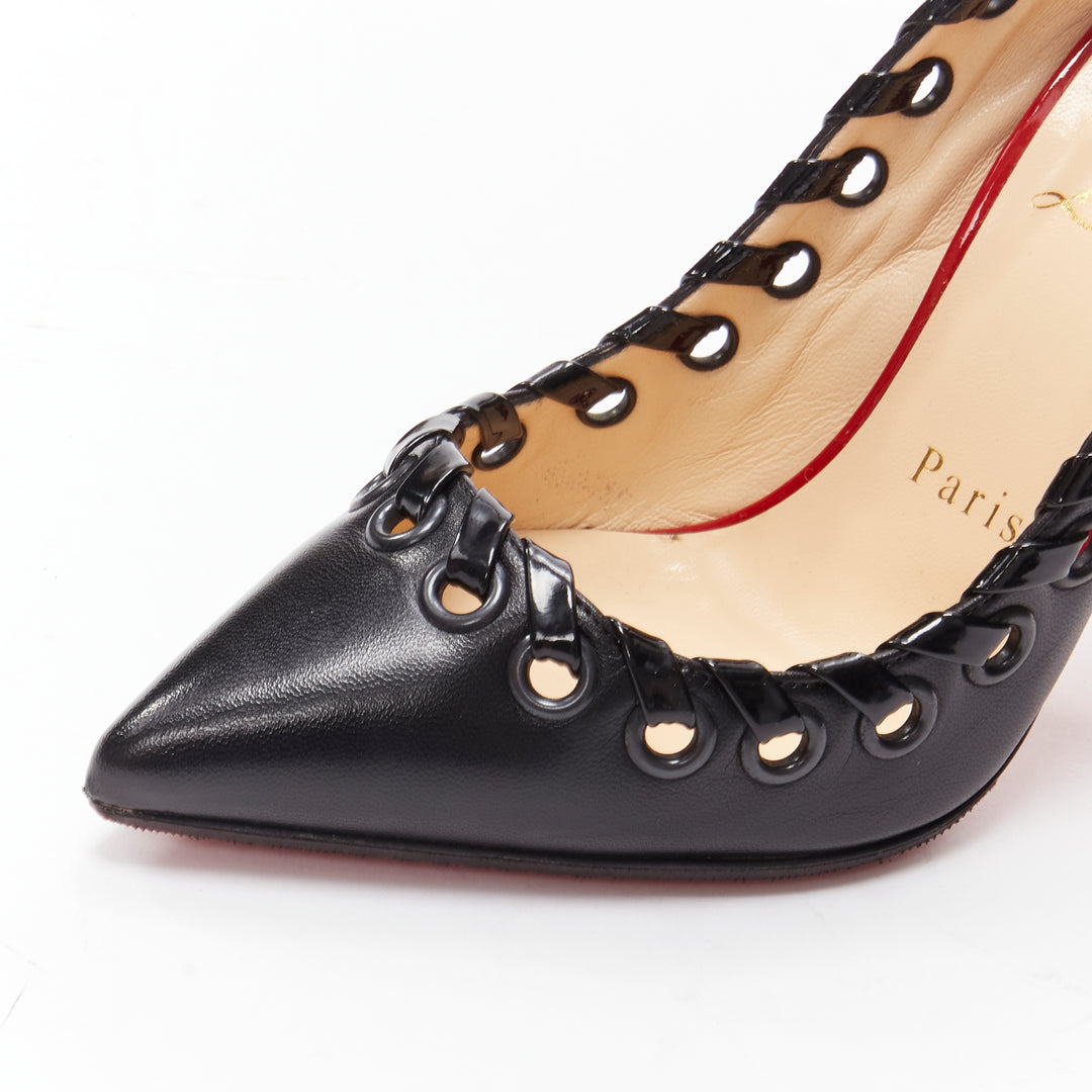 CHRISTIAN LOUBOUTIN Ostri 100 black woven detail sling high heel pumps EU36.5