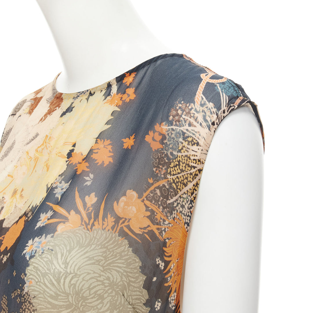 DRIES VAN NOTEN black orange Japonaise floral tiered ruffle silk dress FR34 XS