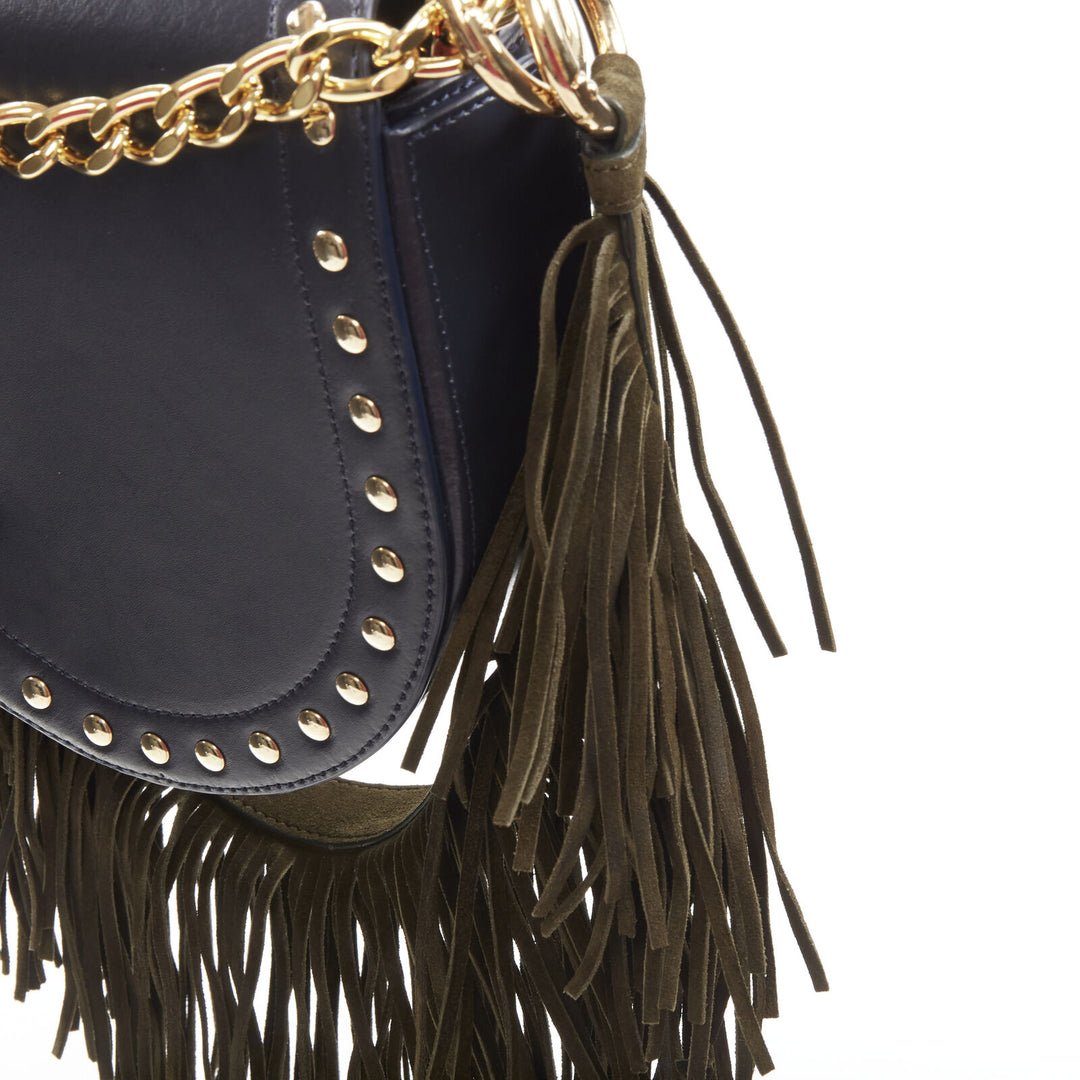 SACAI black leather gold studded fringe gold chain saddle bag